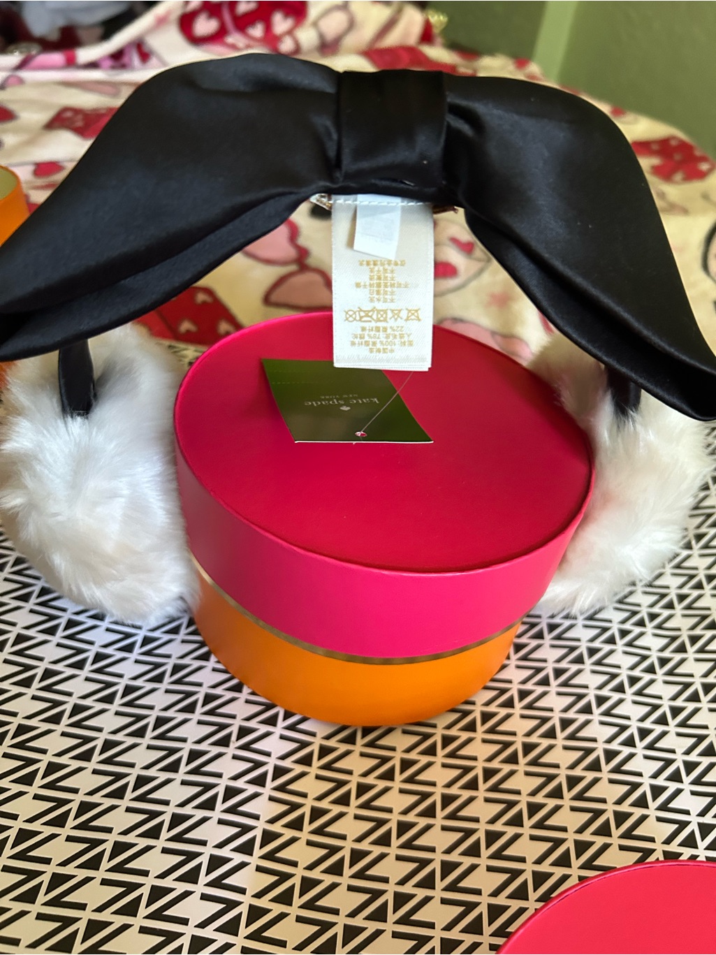 Kate Spade White Faux Fur Earmuffs With Black Satin Headband